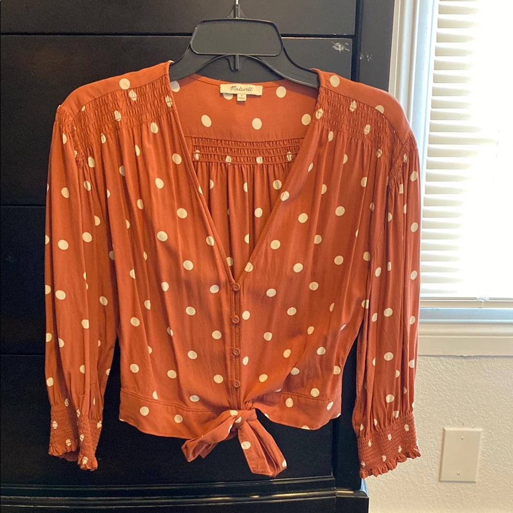 Madewell Orange 3/4 Sleeve Tie Front Blouse
